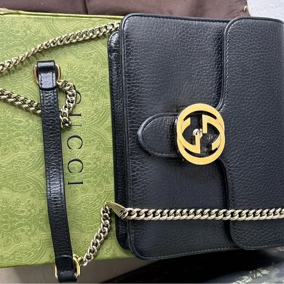 Gucci Interlocking G Dollar Small Black Leather Crossbody with Gold Chain - Picture 14 of 14